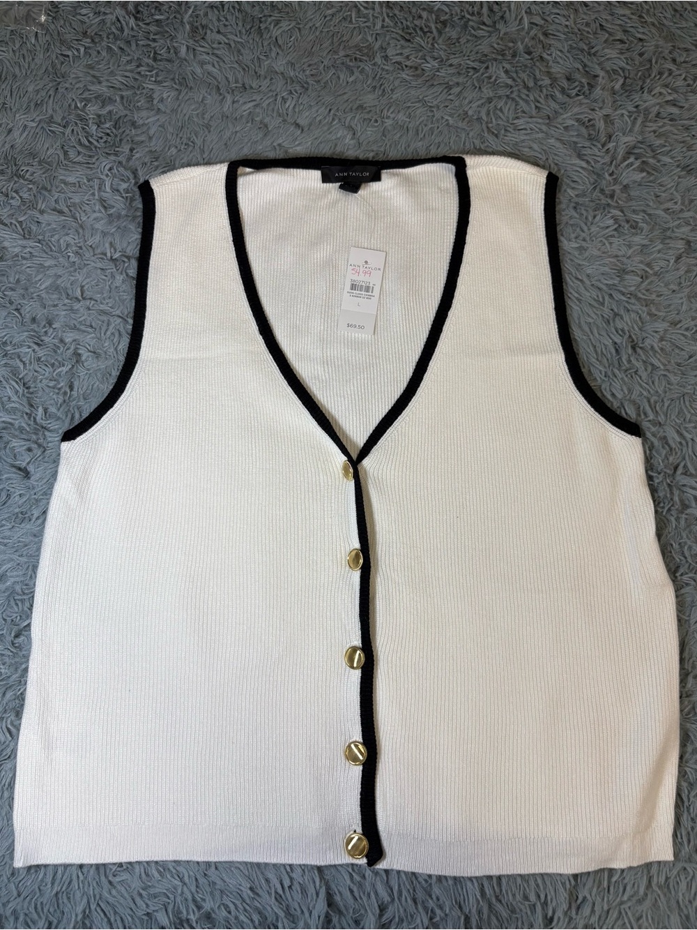 NWT Ann Taylor White Knit Sleeveless Button Vest with Black Trim